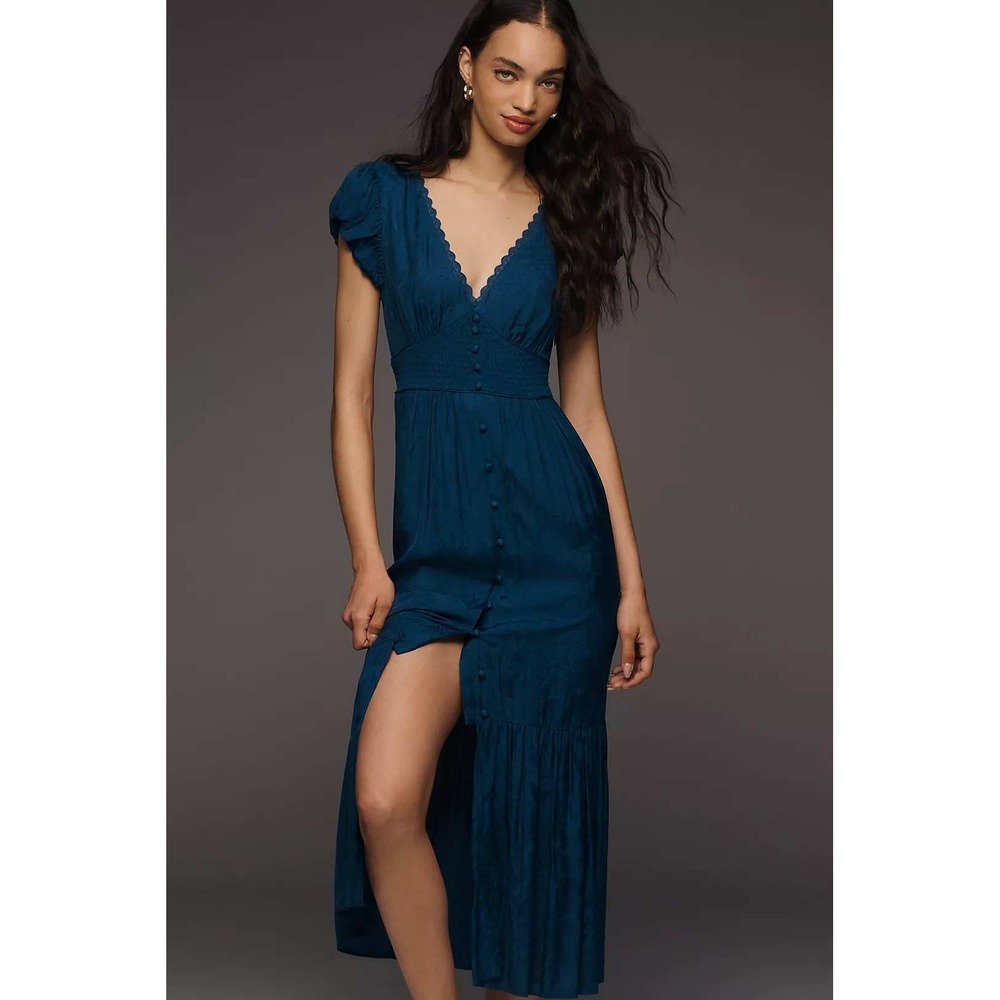 Anthropologie Teal Blue Maxi Dress with V-Neck & Front Buttons
